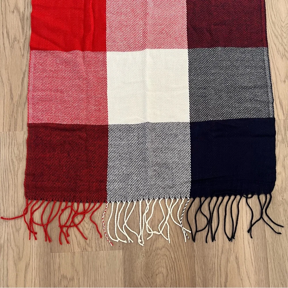 Oversized Plaid Blanket Scarf Red Navy Ivory Fringe
